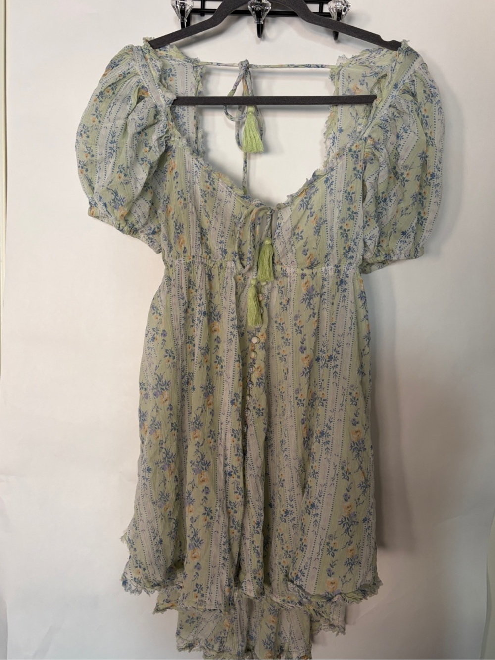 Intimately By Free People Sheer Floral Tie-Front Chemise in Light Green - Size S